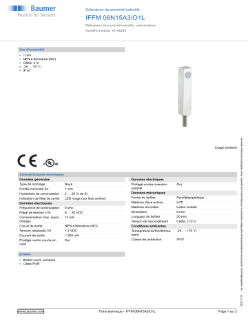 Baumer IFFM 06N15A3/O1L Inductive proximity switch Fiche technique | Fixfr