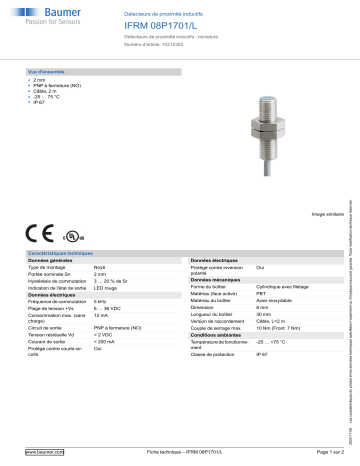 Baumer IFRM 08P1701/L Inductive proximity switch Fiche technique | Fixfr