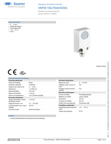 Baumer IWFM 18U7504/S35A Inductive distance sensor Fiche technique | Fixfr