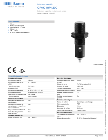 Baumer CFAK 18P1200 Capacitive proximity sensor Fiche technique | Fixfr