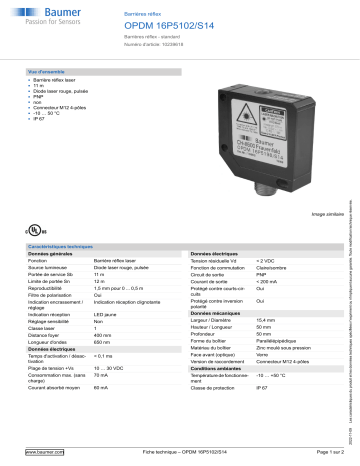 Baumer OPDM 16P5102/S14 Retro-reflective sensor Fiche technique | Fixfr