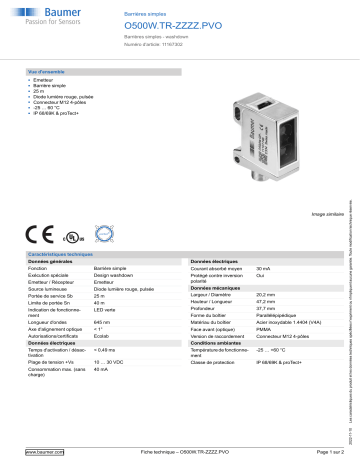 Baumer O500W.TR-ZZZZ.PVO Through beam sensor Fiche technique | Fixfr