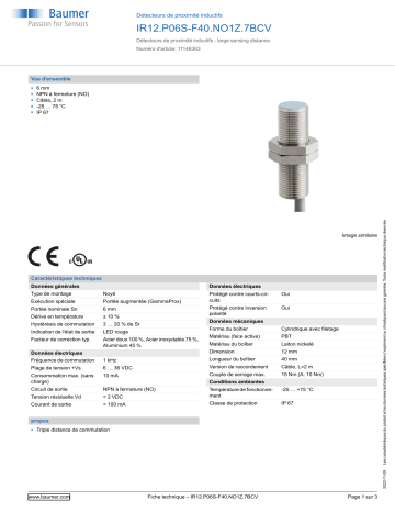 Baumer IR12.P06S-F40.NO1Z.7BCV Inductive proximity switch Fiche technique | Fixfr