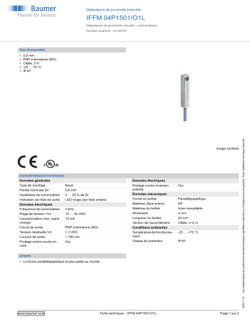 Baumer IFFM 04P1501/O1L Inductive proximity switch Fiche technique | Fixfr