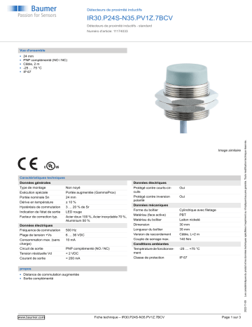 Baumer IR30.P24S-N35.PV1Z.7BCV Inductive proximity switch Fiche technique | Fixfr