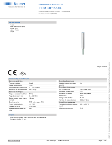 Baumer IFRM 04P15A1/L Inductive proximity switch Fiche technique | Fixfr