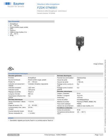 Baumer FZDK 07N6901 Diffuse sensor Fiche technique | Fixfr