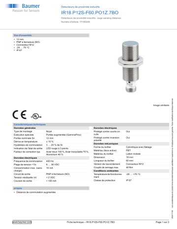 Baumer IR18.P12S-F60.PO1Z.7BO Inductive proximity switch Fiche technique | Fixfr