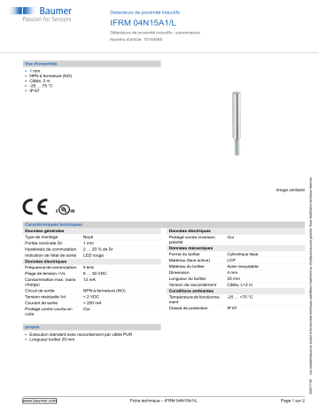 Baumer IFRM 04N15A1/L Inductive proximity switch Fiche technique | Fixfr