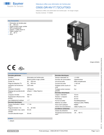 Baumer O500.GR-NV1T.72CU/T003 Diffuse sensor Fiche technique | Fixfr