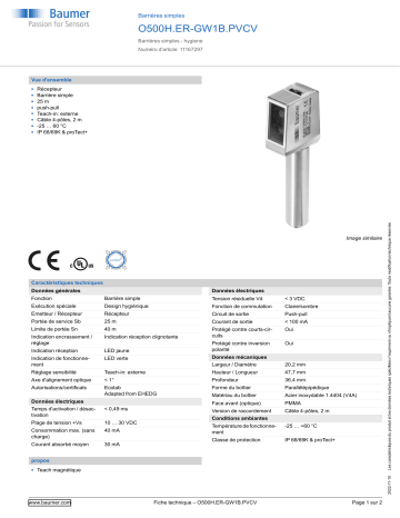 Baumer O500H.ER-GW1B.PVCV Through beam sensor Fiche technique | Fixfr