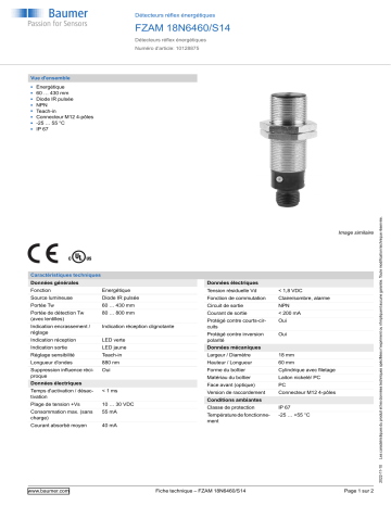 Baumer FZAM 18N6460/S14 Diffuse sensor Fiche technique | Fixfr