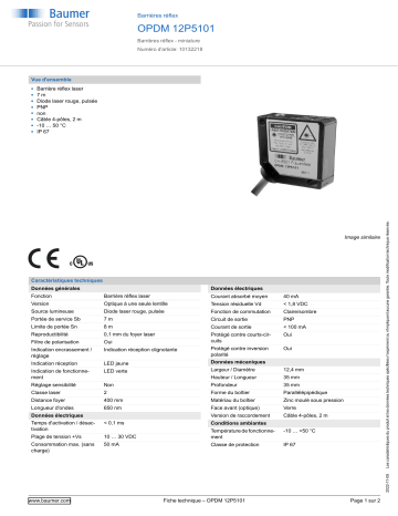 Baumer OPDM 12P5101 Retro-reflective sensor Fiche technique | Fixfr