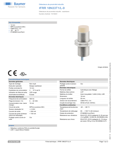 Baumer IFRR 18N33T1/L-9 Inductive proximity switch Fiche technique | Fixfr