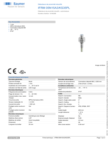 Baumer IFRM 05N15A3/KS35PL Inductive proximity switch Fiche technique | Fixfr