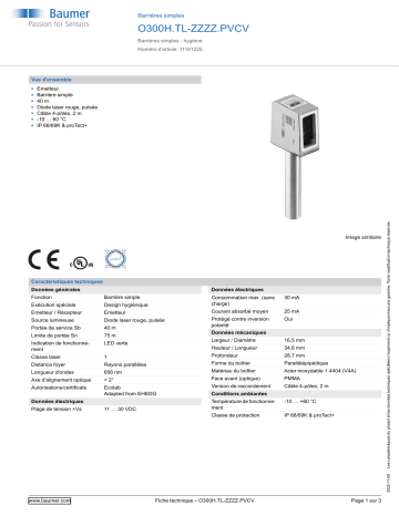 Baumer O300H.TL-ZZZZ.PVCV Through beam sensor Fiche technique | Fixfr