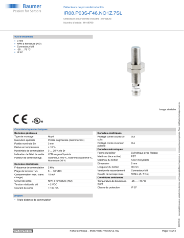 Baumer IR08.P03S-F46.NO1Z.7SL Inductive proximity switch Fiche technique | Fixfr