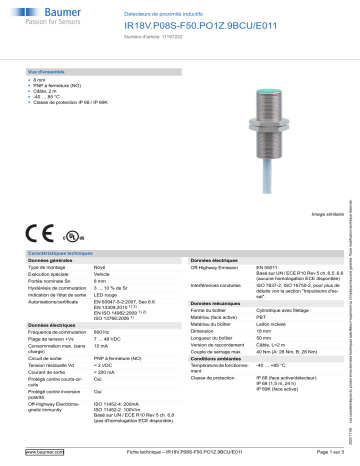 Baumer IR18V.P08S-F50.PO1Z.9BCU/E011 Inductive proximity switch Fiche technique | Fixfr