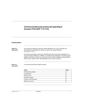 Schneider Electric FCSSCP111 / 114 Cartes PCMCIA de communication par protocole spécifique Mode d'emploi | Fixfr