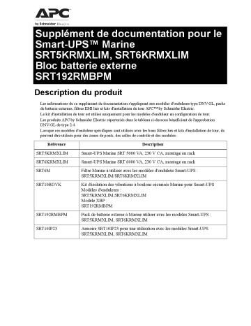 Schneider Electric Supplement Marine Smart-UPS SRT5K/6/K RMXLIM, SRT192RMBPM Mode d'emploi | Fixfr