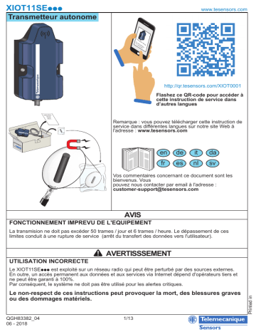 Schneider Electric XIOT11SE... Transmetteur autonome (version du Manuel utilisateur | Fixfr