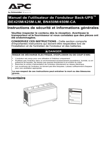 Schneider Electric Back-UPS BE425M/425M-LM, BN450M/450M-CA Mode d'emploi | Fixfr
