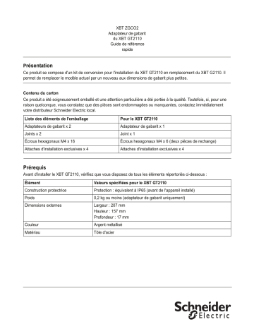 Schneider Electric XBTZGCO2 Adaptateur de gabarit du XBTGT2110 Manuel utilisateur | Fixfr