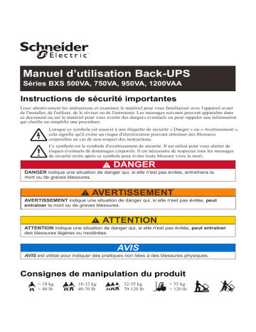 Schneider Electric APC Back-UPS BXS 500MI/750MI/750MI-GR/950MI/950MI-GR/1200MI/1200MI-GR Manuel utilisateur | Fixfr