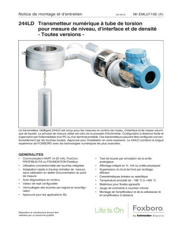 Schneider Electric 244LD Transmetteur numérique à tube de torsion pour mesure de niveau Manuel utilisateur | Fixfr