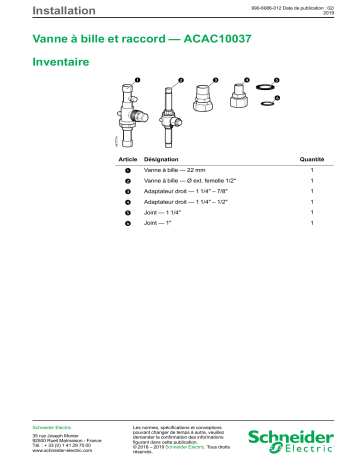 Schneider Electric Ball Valve and Union-ACAC10037 Mode d'emploi | Fixfr