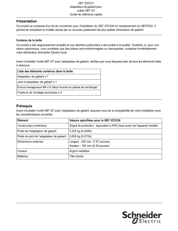 Schneider Electric XBTZGCO1 Adaptateur de gabarit Manuel utilisateur | Fixfr