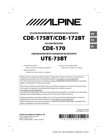 CDE-172BT | UTE-73BT | Alpine CDE-170 Receiver Manuel du propriétaire | Fixfr