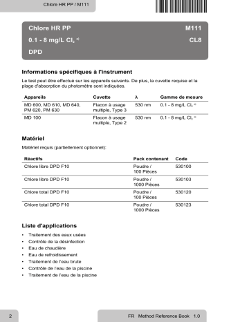 Lovibond Single Method M111 - Chlorine HR PP Manuel utilisateur | Fixfr