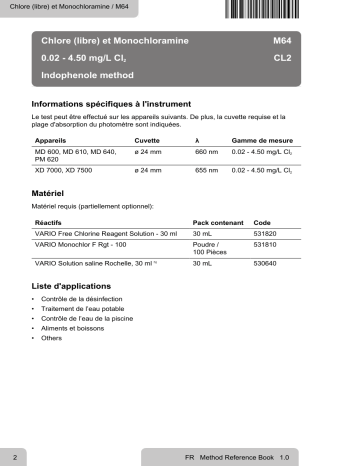 Lovibond Single Method M64 - Chlorine (free) and Monochloramine Manuel utilisateur | Fixfr