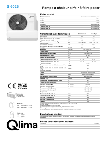 QLIMA S6026 Split unit air conditioner Manuel utilisateur | Fixfr