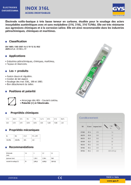 GYS 14 STAINLESS STEEL ELECTRODES - 316L - Ø1.6 - (BLISTER) Fiche technique