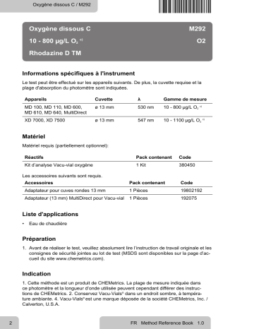 Lovibond Single Method M292 - Oxygen dissolved C Manuel utilisateur | Fixfr