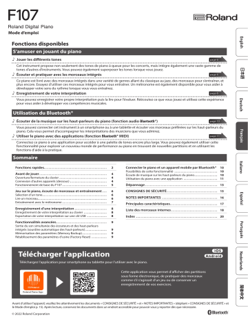 Roland F107 Dijital Piyano Manuel du propriétaire | Fixfr
