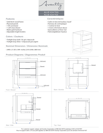 ALLE-VS25-TGG-D | ALLE-VS25-TGG-Q | Avanity ALLE-VS25-TGG-C Allie 25 in. W x 22 in. D Bath Vanity spécification | Fixfr