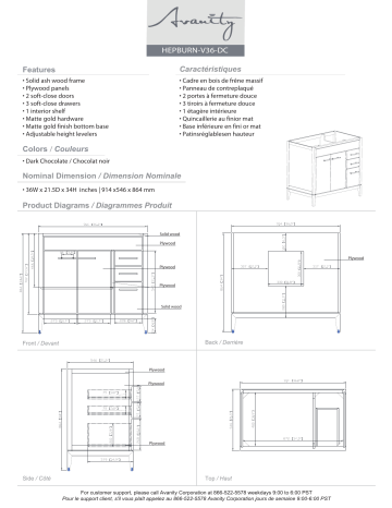 Avanity HEPBURN-V36-DC Hepburn 36 in. W x 21.5 in. D x 34 in. H Bath Vanity Cabinet Only spécification | Fixfr