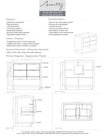 ALLIE-VS37-WTS-GQ | Avanity ALLIE-VS37-WTG-GQ Allie 37 in. W x 22 in. D Bath Vanity spécification | Fixfr