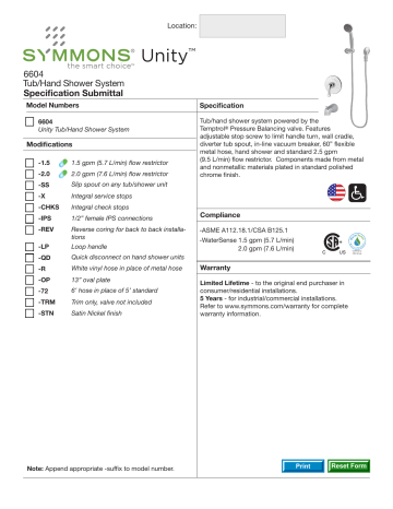 Symmons 6604-2.0 Unity 1-Spray Hand Shower spécification | Fixfr