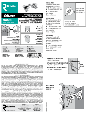 Blum BP91M27521180U MODUL Series 35 mm Spring Closing Inset for Frameless Cabinet Hinge Mode d'emploi | Fixfr
