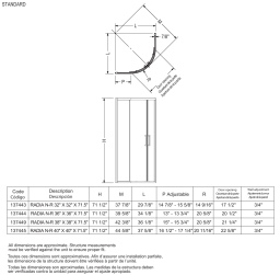 MAAX 137445-900-305-000 Radia 40 in. x 40 in. x 71-1/2 in. Frameless Neo-Round Sliding Shower Door spécification