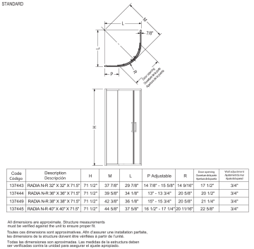 137445-900-084-000 | MAAX 137445-900-305-000 Radia 40 in. x 40 in. x 71-1/2 in. Frameless Neo-Round Sliding Shower Door spécification | Fixfr