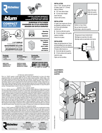 Blum BP39C35520180U COMPACT Series 35 mm Spring Closing 1-1/4 in. Overlay for Face Frame Cabinet Wrap-around Hinge Mode d'emploi | Fixfr