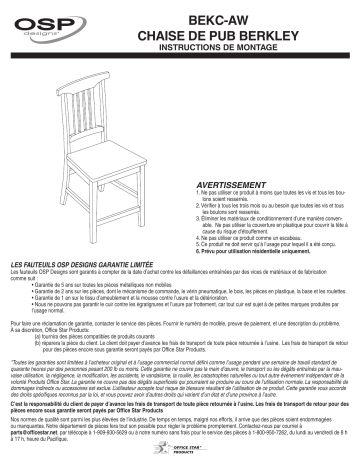 OSP Home Furnishings BEKCT-AW Berkley 5-Piece Set Table Chairs Mode d'emploi | Fixfr