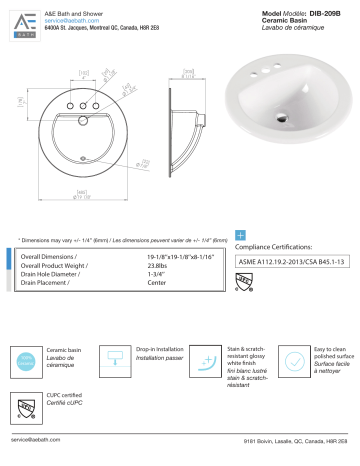 Unbranded 240147 Mercy 8 in. Drop-In Ceramic Circular Bath Sink spécification | Fixfr