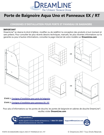 DreamLine SHDR3534586EX09 Aqua Uno 56 in. - 60 in. W x 58 in. H Frameless Hinged Tub Door Guide d'installation | Fixfr