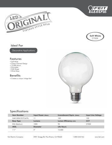 Feit Electric G40100W/927CA/FIL 100-Watt Equivalent G40 Dimmable Straight Filament White Glass E26 LED Vintage Edison Light Bulb Soft White spécification | Fixfr